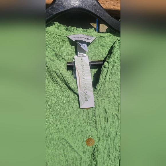 Aloe Green Nomadic Traders long sleeve smocked button-up size Large Petite - Picture 3 of 4